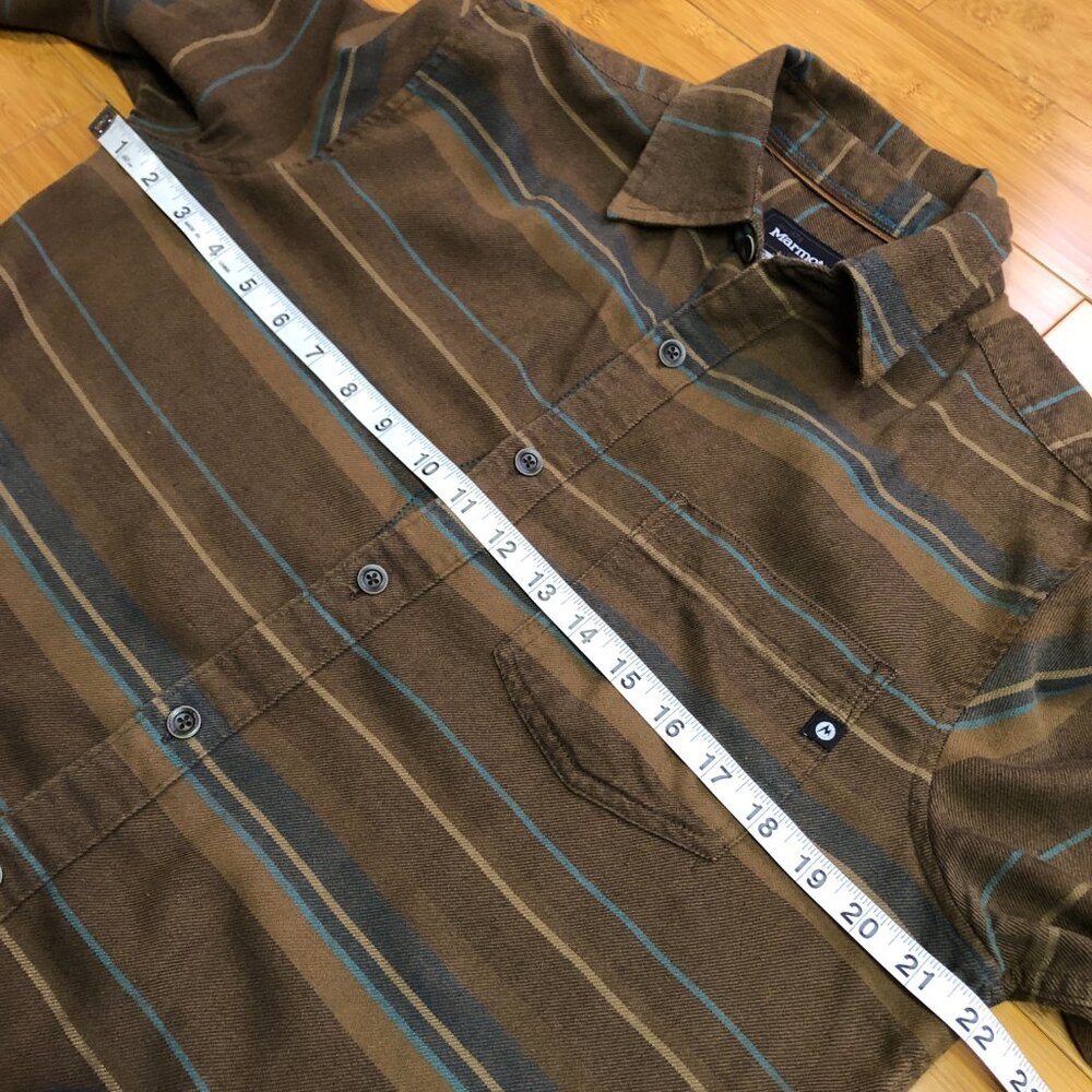 Marmot Striped Flannel Long Sleeve Brown Blue Sml Outdoors Hike Skate Surf Snow